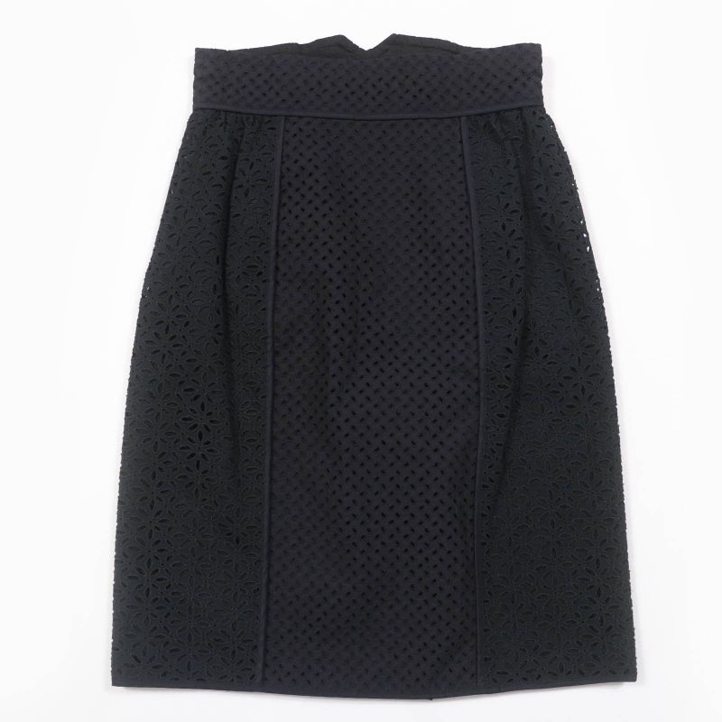 Louis Vuitton Cotton Silk Eyelet Lace Flower Design LV Gold Button Skirt Black