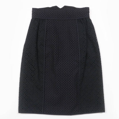 Louis Vuitton Cotton Silk Eyelet Lace Flower Design LV Gold Button Skirt Black