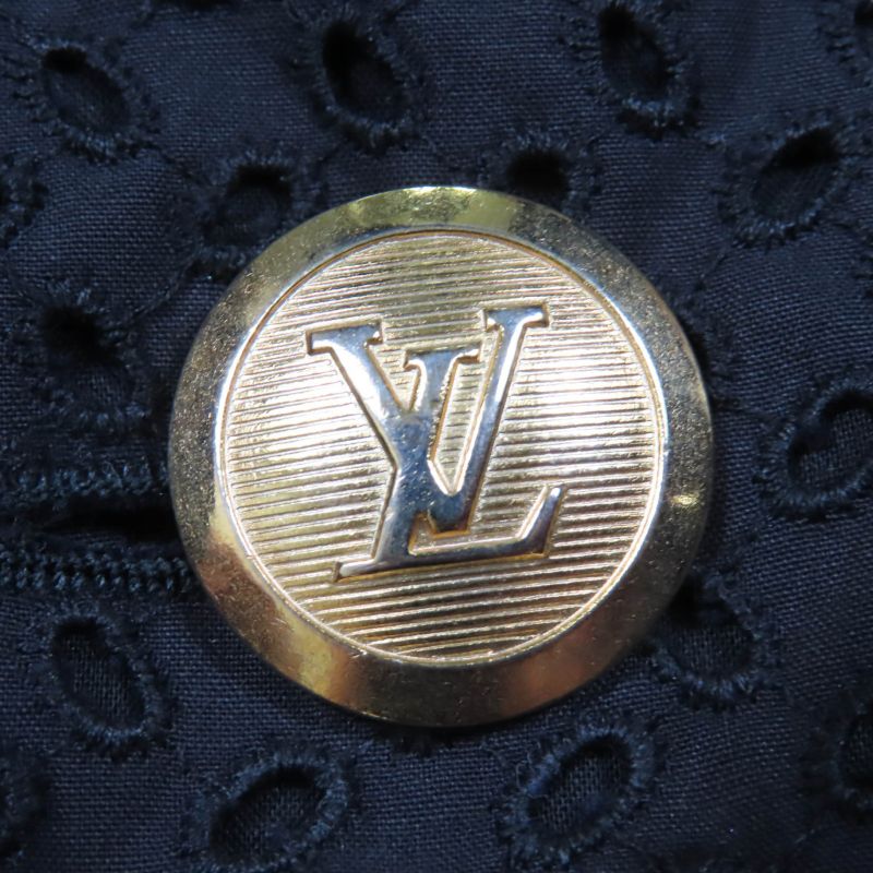 Louis Vuitton Cotton Silk Eyelet Lace Flower Design LV Gold Button Skirt Black