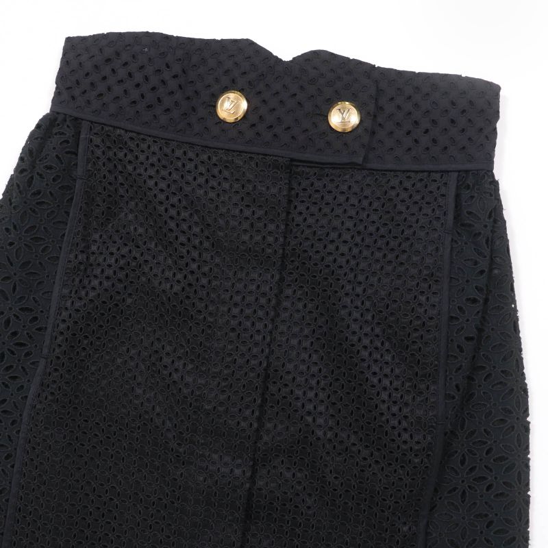 Louis Vuitton Cotton Silk Eyelet Lace Flower Design LV Gold Button Skirt Black