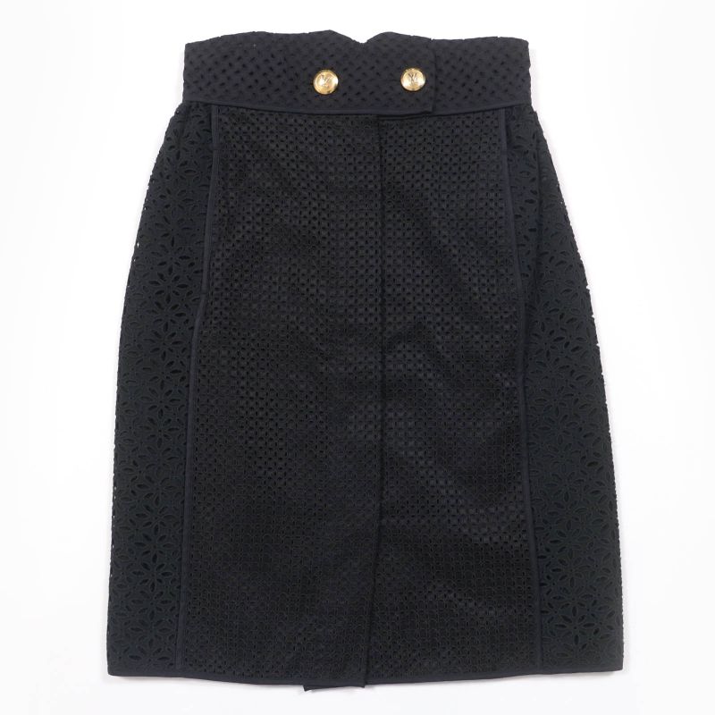 Louis Vuitton Cotton Silk Eyelet Lace Flower Design LV Gold Button Skirt Black