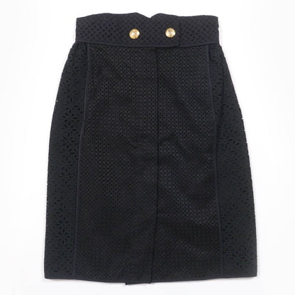 Louis Vuitton Cotton Silk Eyelet Lace Flower Design LV Gold Button Skirt Black
