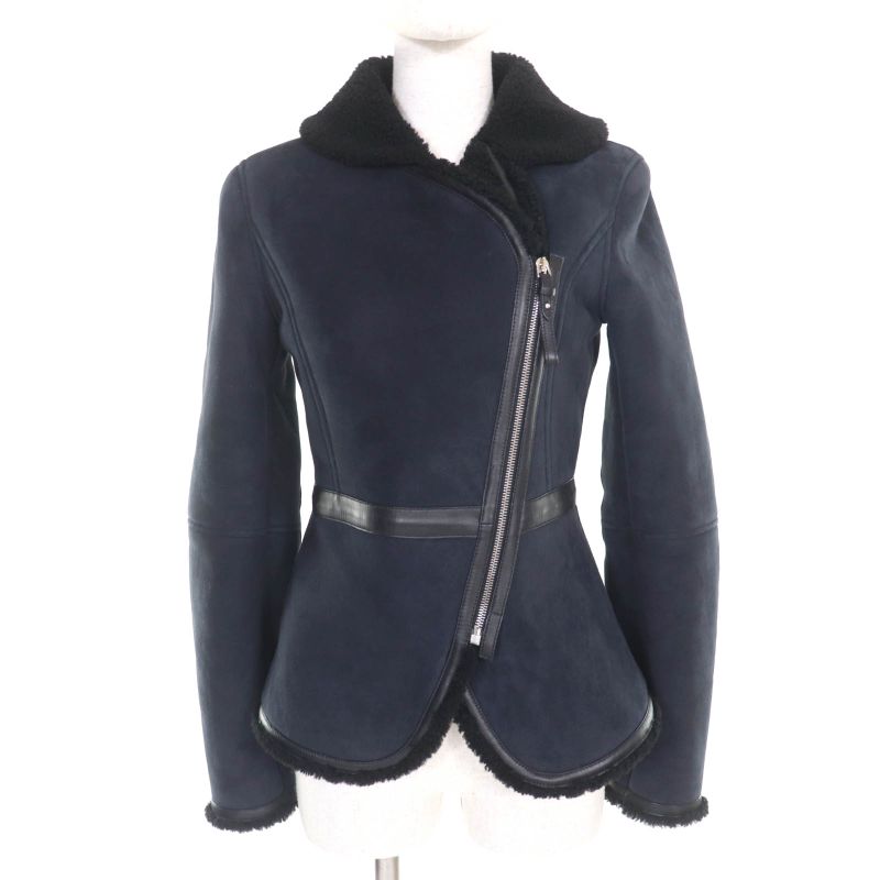 Hermes 22AW Real Lamb Fur Zip Up Mouton Jacket Navy Black 34 Garmented Made In