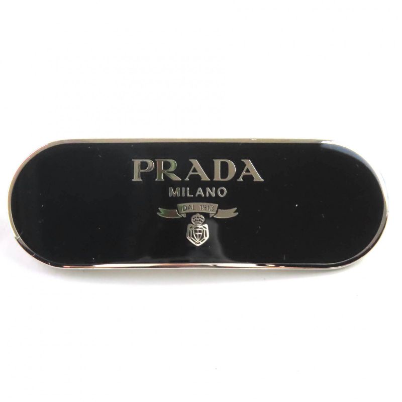 Prada 1if022 Logo Metal Plate Barrette Hair Clip Hair Accessory Black Silver