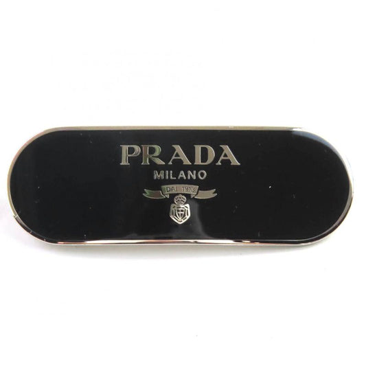Prada 1if022 Logo Metal Plate Barrette Hair Clip Hair Accessory Black Silver