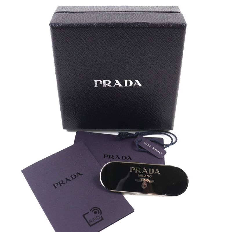 Prada 1if022 Logo Metal Plate Barrette Hair Clip Hair Accessory Black Silver