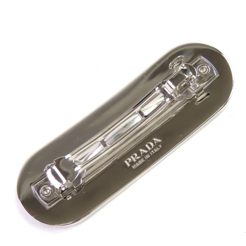 Prada 1if022 Logo Metal Plate Barrette Hair Clip Hair Accessory Black Silver