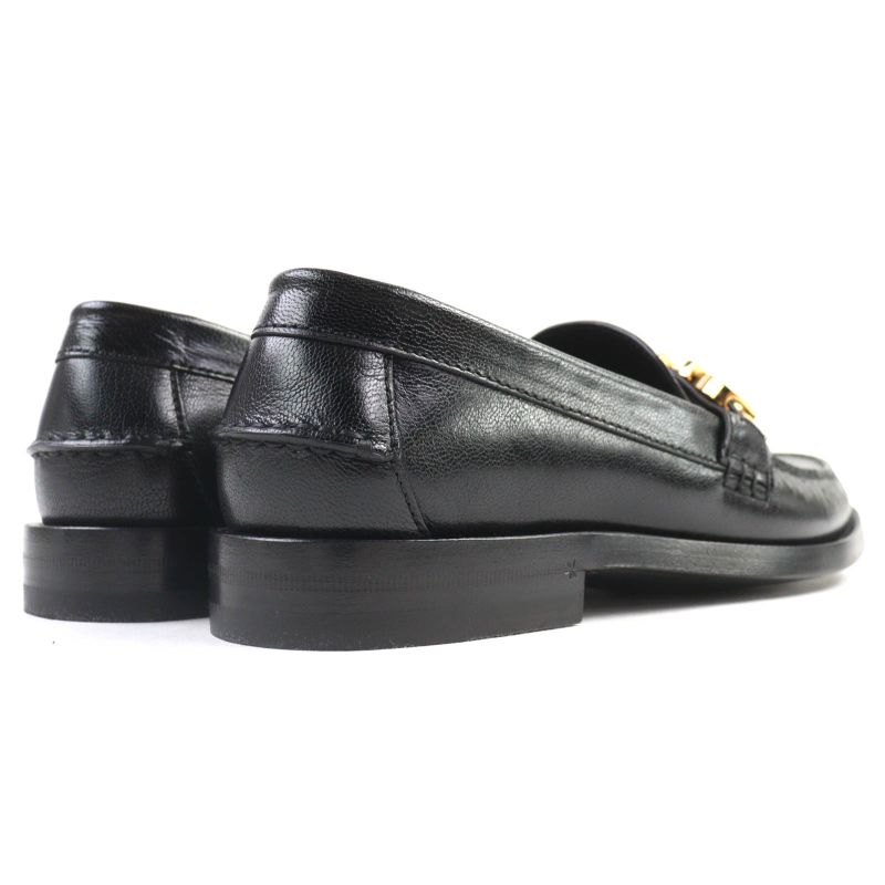 Gucci 700036 Metal Logo Leather Loafers Shoes Black Gold Hardware 37.5 With