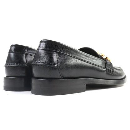Gucci 700036 Metal Logo Leather Loafers Shoes Black Gold Hardware 37.5 With