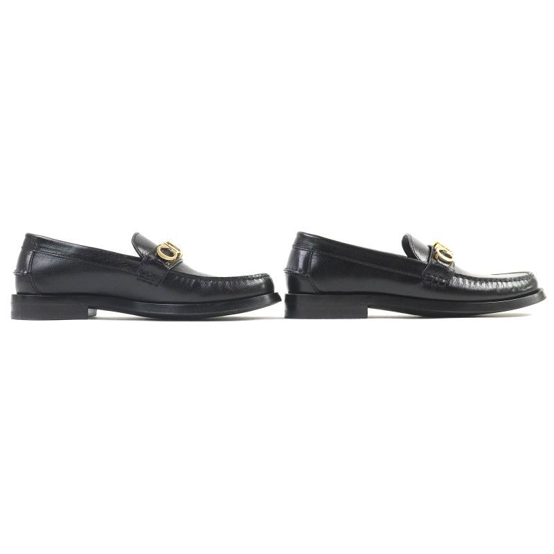 Gucci 700036 Metal Logo Leather Loafers Shoes Black Gold Hardware 37.5 With
