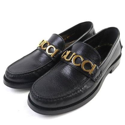 Gucci 700036 Metal Logo Leather Loafers Shoes Black Gold Hardware 37.5 With