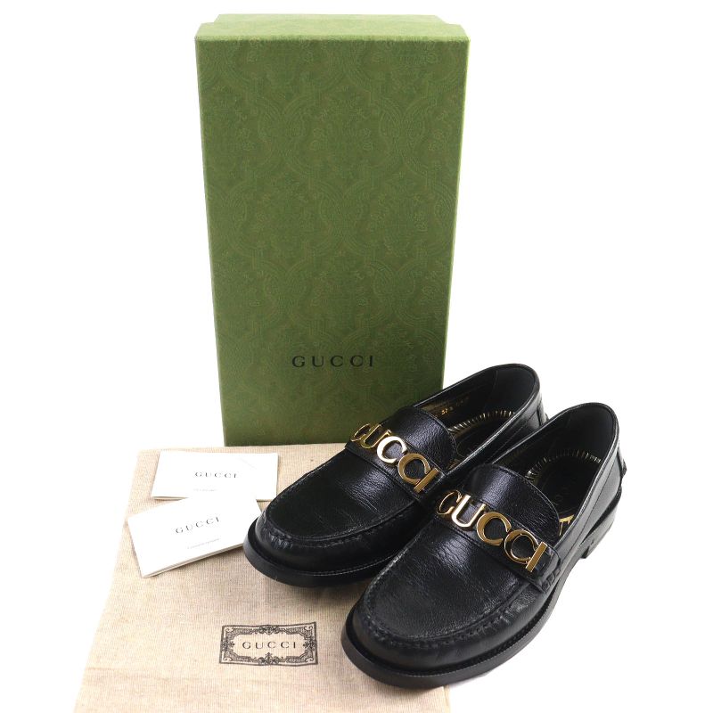 Gucci 700036 Metal Logo Leather Loafers Shoes Black Gold Hardware 37.5 With