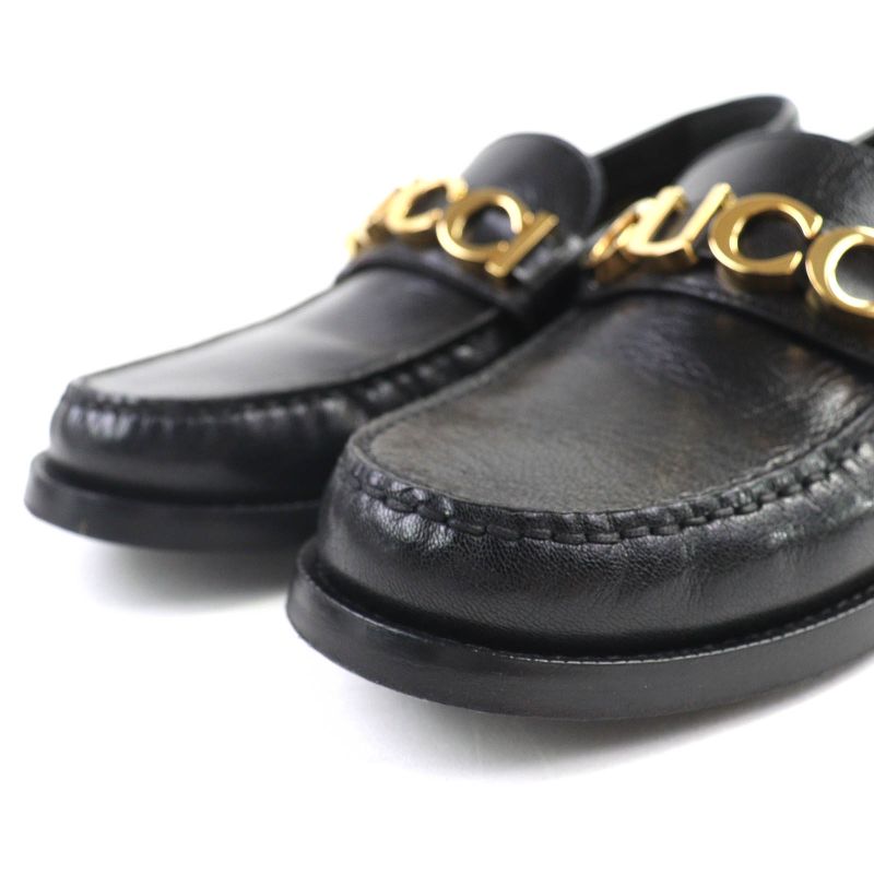 Gucci 700036 Metal Logo Leather Loafers Shoes Black Gold Hardware 37.5 With