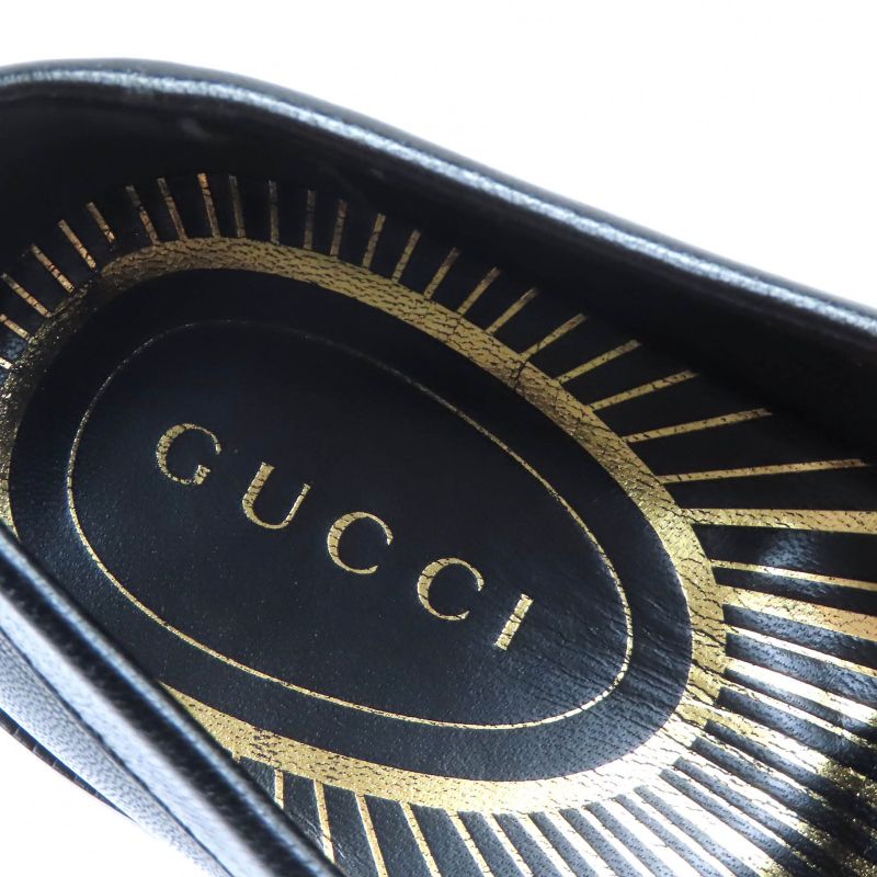 Gucci 700036 Metal Logo Leather Loafers Shoes Black Gold Hardware 37.5 With