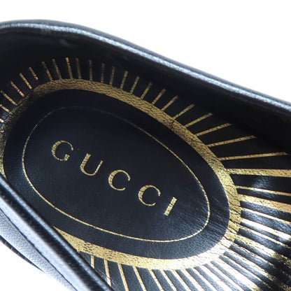Gucci 700036 Metal Logo Leather Loafers Shoes Black Gold Hardware 37.5 With