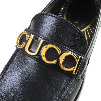 Gucci 700036 Metal Logo Leather Loafers Shoes Black Gold Hardware 37.5 With