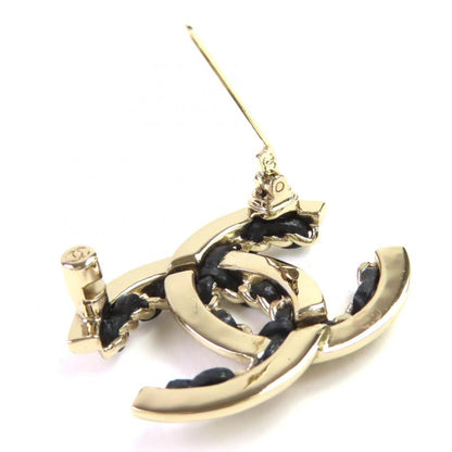 CHANEL Ab7872 B22P Lamb Leather Coco Mark Brooch Gold Black Made In Italy