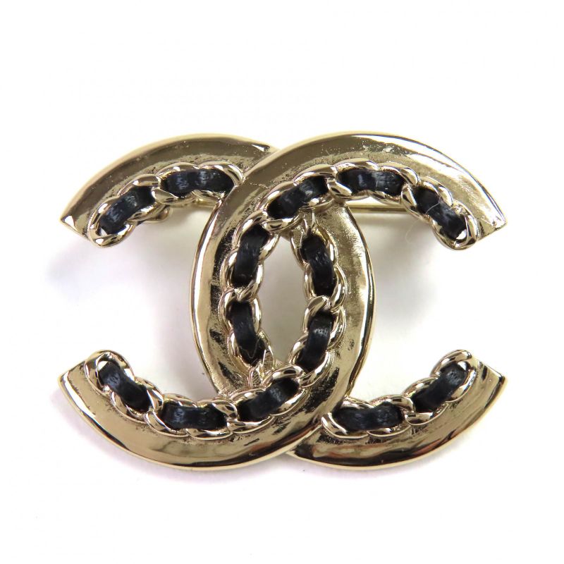 CHANEL Ab7872 B22P Lamb Leather Coco Mark Brooch Gold Black Made In Italy