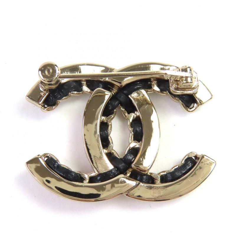 CHANEL Ab7872 B22P Lamb Leather Coco Mark Brooch Gold Black Made In Italy