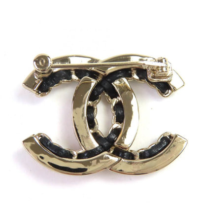 CHANEL Ab7872 B22P Lamb Leather Coco Mark Brooch Gold Black Made In Italy