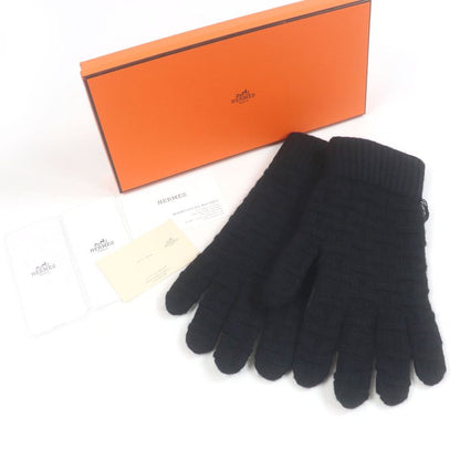 Hermes 100% Cashmere H Logo Motif Allover Knit Gloves Gloves Black L With Box