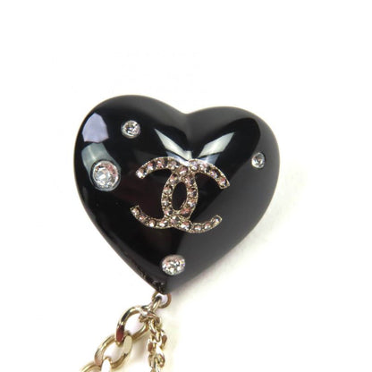 CHANEL D22B Ab9376 Rhinestone Coco Mark W Heart Chain Brooch Black Gold