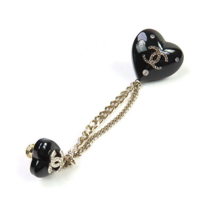 CHANEL D22B Ab9376 Rhinestone Coco Mark W Heart Chain Brooch Black Gold