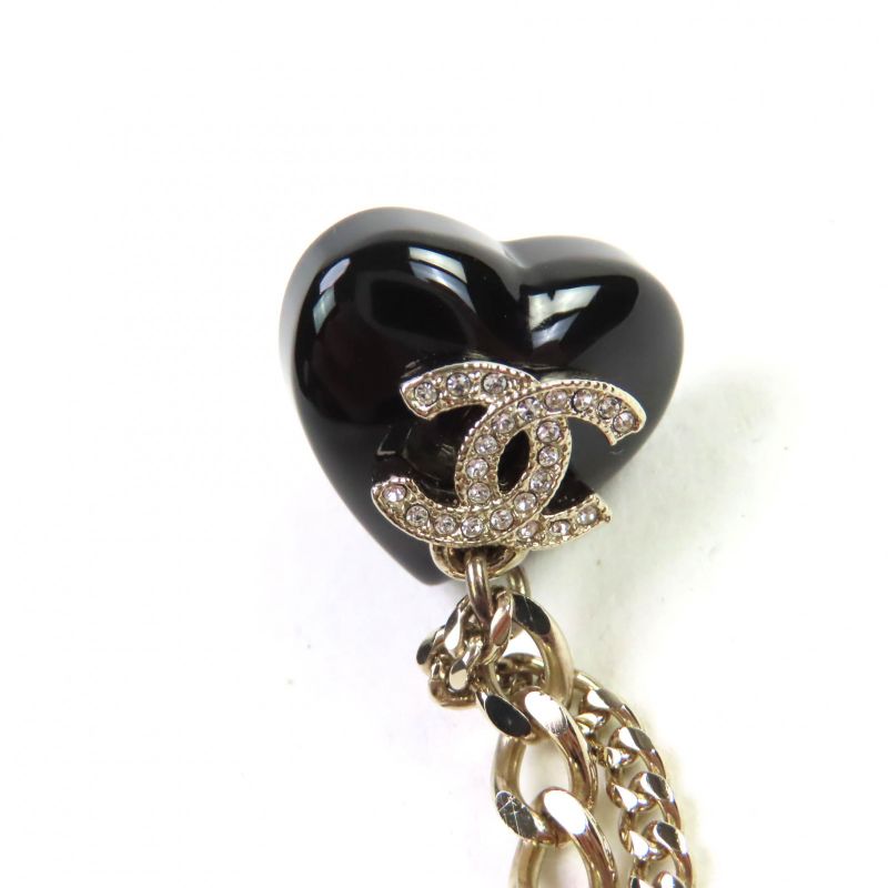 CHANEL D22B Ab9376 Rhinestone Coco Mark W Heart Chain Brooch Black Gold