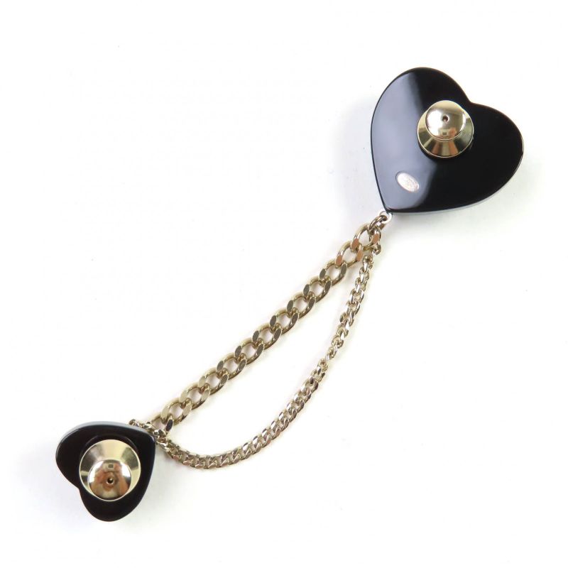 CHANEL D22B Ab9376 Rhinestone Coco Mark W Heart Chain Brooch Black Gold