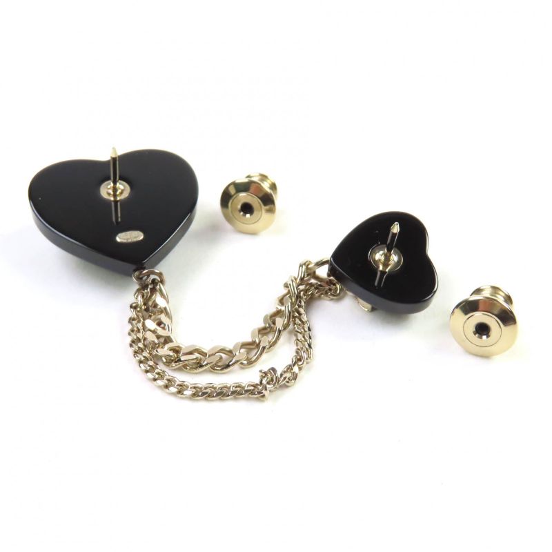 CHANEL D22B Ab9376 Rhinestone Coco Mark W Heart Chain Brooch Black Gold