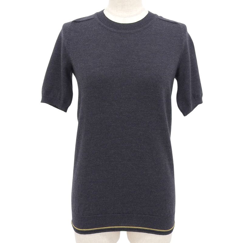Hermes 100% Wool Hemline Crew Neck Sweater Short Sleeve Knit Charcoal Gray 36