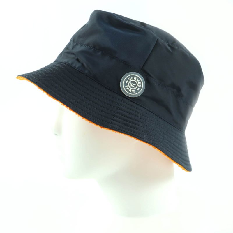 Hermes 100% Cotton Lined Pile Crudocell Bucket Hat Dark Navy Orange 58 Made In