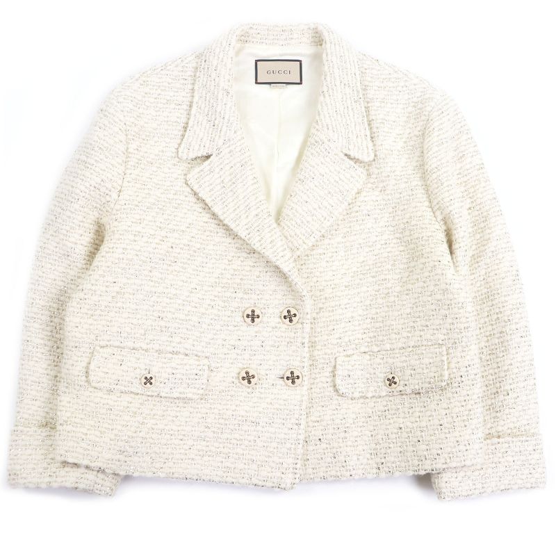 Gucci 643287 Wool Double Breasted Tweed Jacket Ivory Gold 48/ Rare Size Made