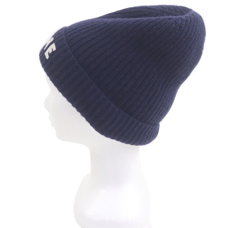 Celine 2ah35423p 100% Wool Logo Patch Beanie Hat Knit Cap Navy Made In Italy