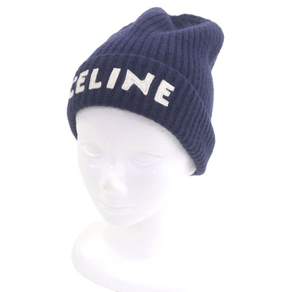 Celine 2ah35423p 100% Wool Logo Patch Beanie Hat Knit Cap Navy Made In Italy