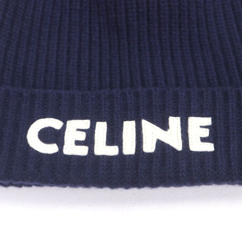 Celine 2ah35423p 100% Wool Logo Patch Beanie Hat Knit Cap Navy Made In Italy