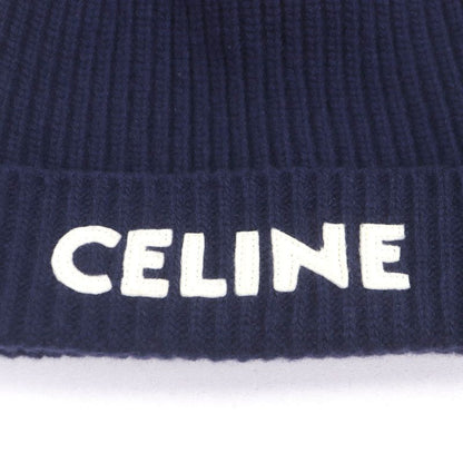 Celine 2ah35423p 100% Wool Logo Patch Beanie Hat Knit Cap Navy Made In Italy