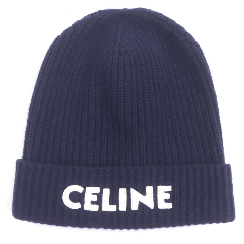 Celine 2ah35423p 100% Wool Logo Patch Beanie Hat Knit Cap Navy Made In Italy