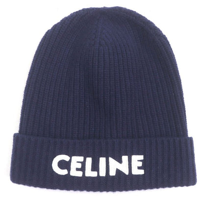 Celine 2ah35423p 100% Wool Logo Patch Beanie Hat Knit Cap Navy Made In Italy