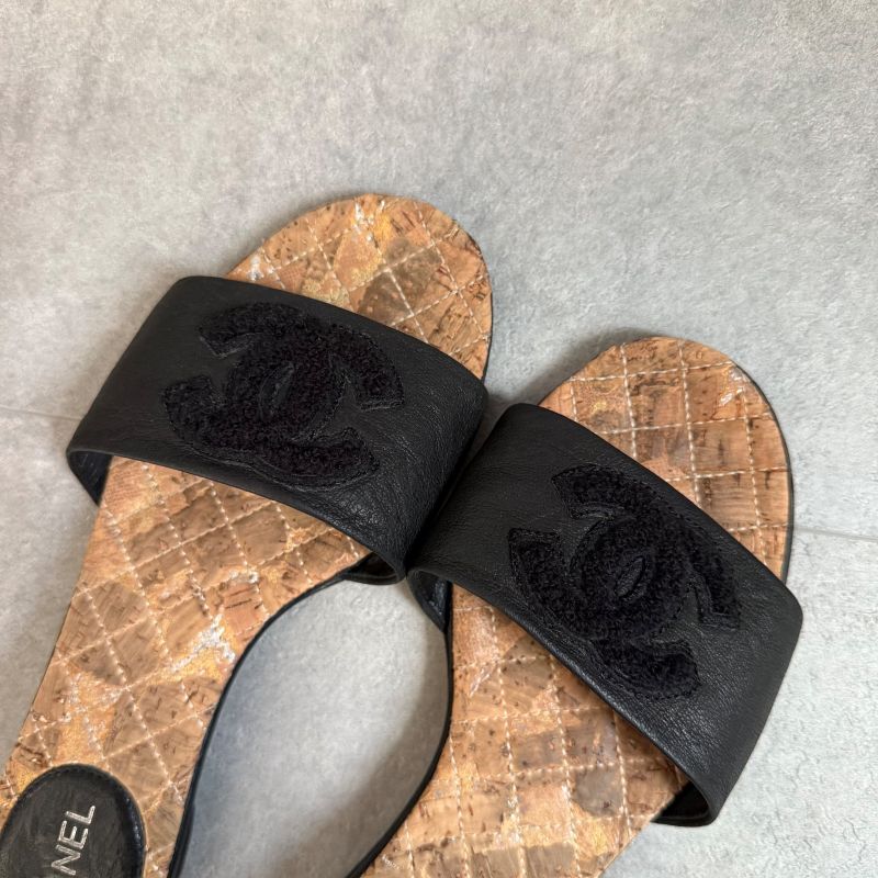 Chanel Coco Mark Leather Fur Matelasse Slide Sandals Flat Sandals 35c 22cm