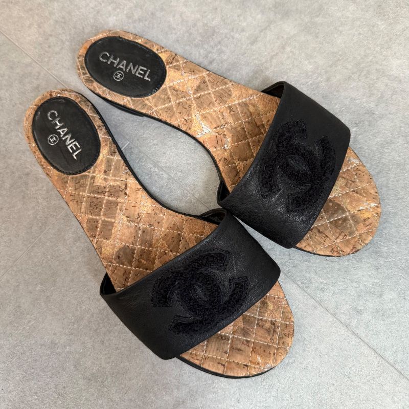 Chanel Coco Mark Leather Fur Matelasse Slide Sandals Flat Sandals 35c 22cm