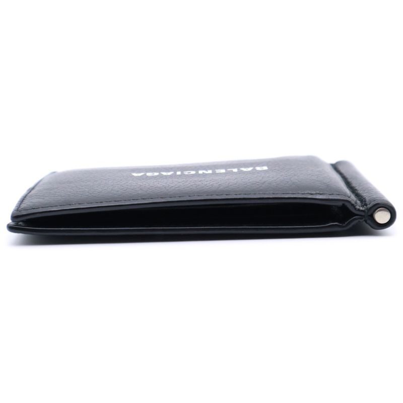 Balenciaga Logo Money Clip Wallet Fold Wallet Card Case Black Leather 594308