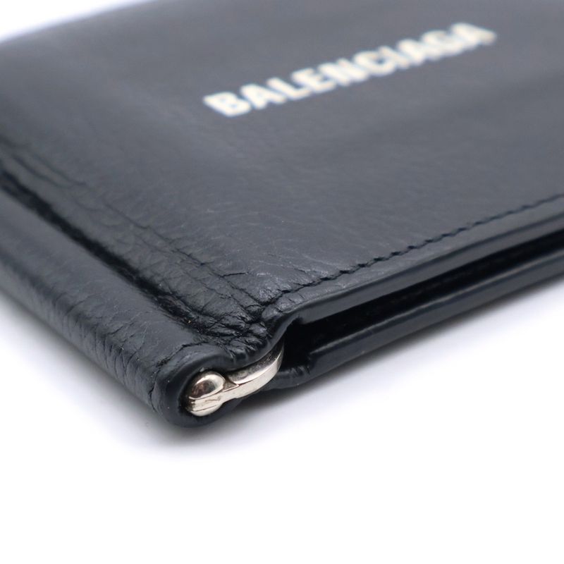 Balenciaga Logo Money Clip Wallet Fold Wallet Card Case Black Leather 594308
