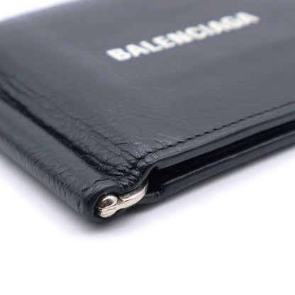 Balenciaga Logo Money Clip Wallet Fold Wallet Card Case Black Leather 594308