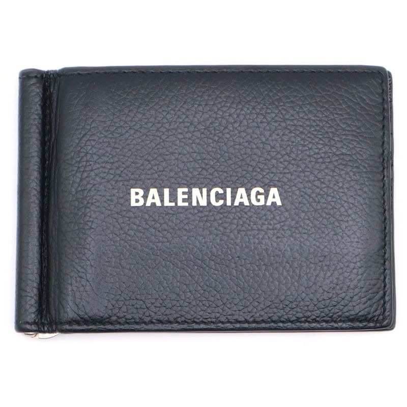 Balenciaga Logo Money Clip Wallet Fold Wallet Card Case Black Leather 594308