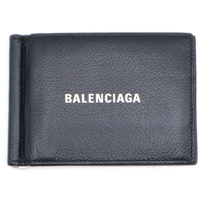 Balenciaga Logo Money Clip Wallet Fold Wallet Card Case Black Leather 594308