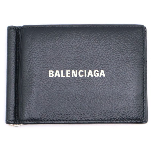 Balenciaga Logo Money Clip Wallet Fold Wallet Card Case Black Leather 594308