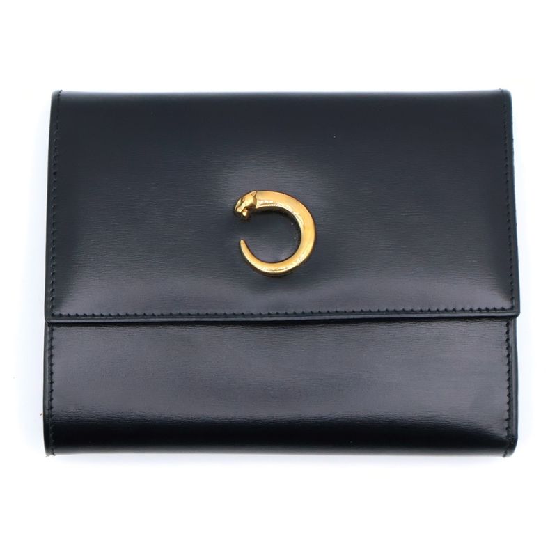 Cartier Panthère Leather Compact Wallet Trifold Wallet Gold Hardware Black