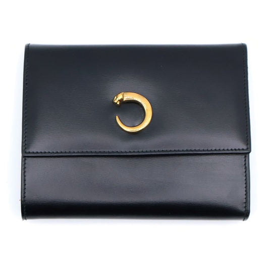 Cartier Panthère Leather Compact Wallet Trifold Wallet Gold Hardware Black