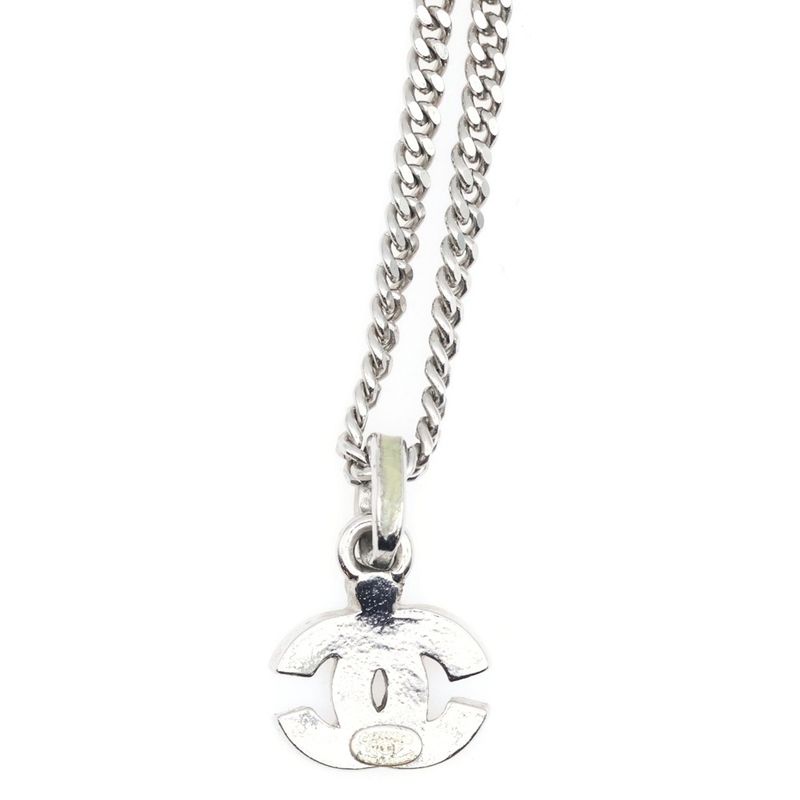 Chanel Coco Mark Chain Necklace Pendant Silver Ivory